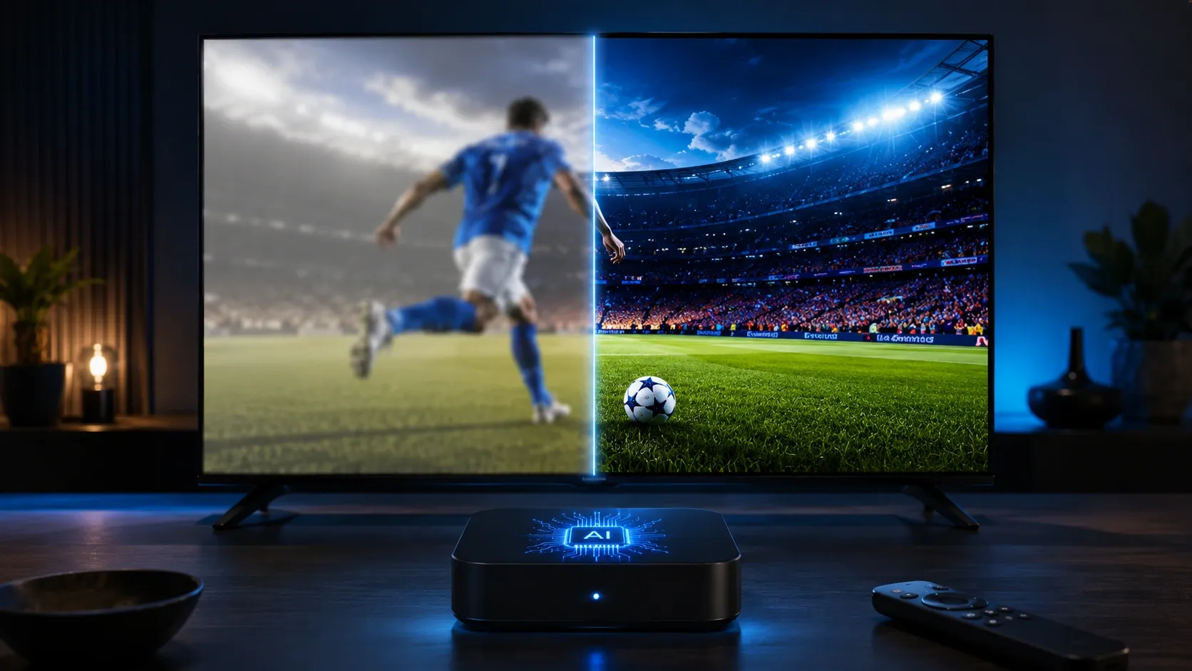 AI upscaling numa box Android IPTV em 2026 — imagem HD melhorada para 4K em tempo real