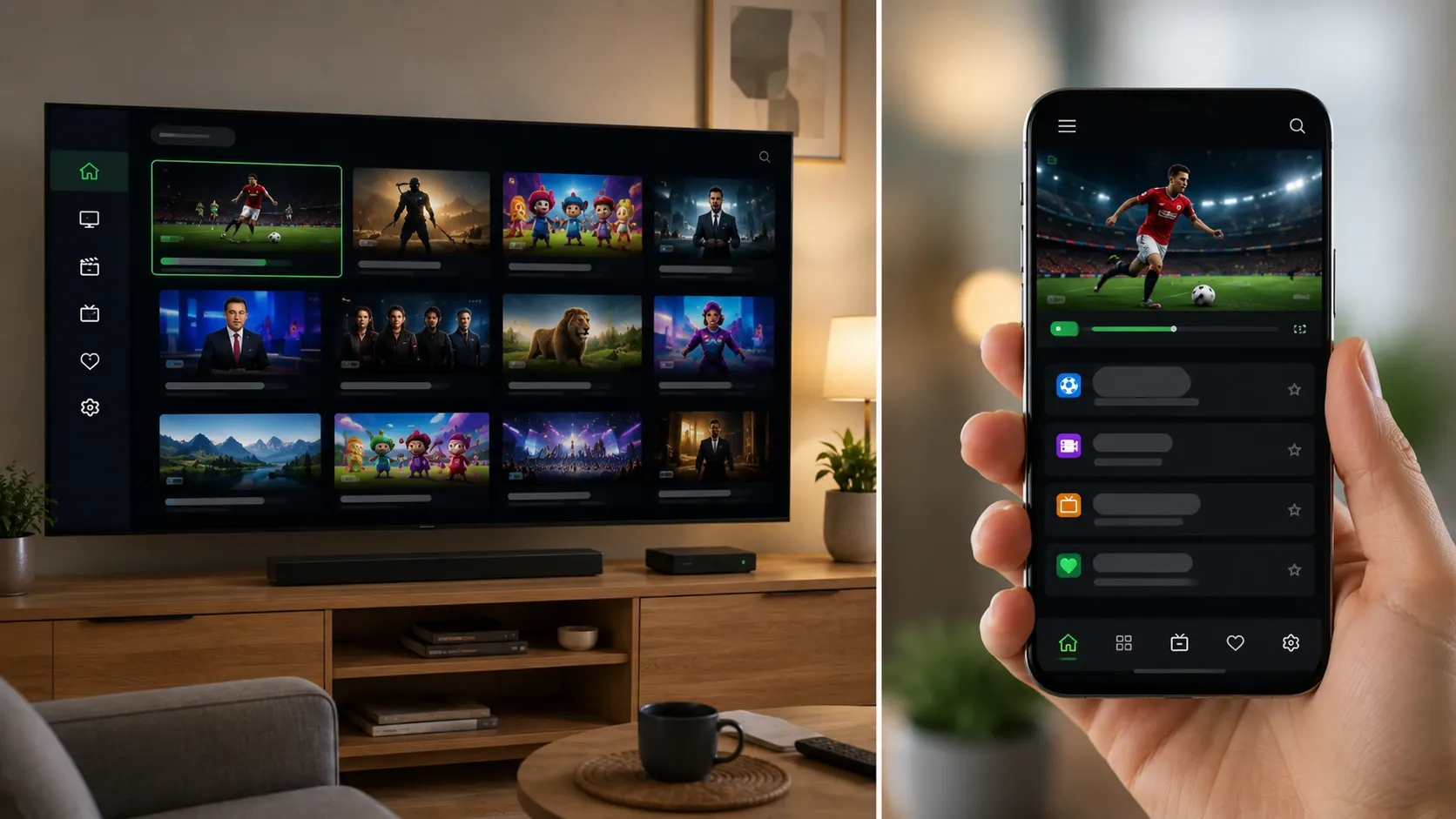 Player para Android TV vs telemóvel — TiviMate no ecrã grande, IPTV Smarters no telemóvel